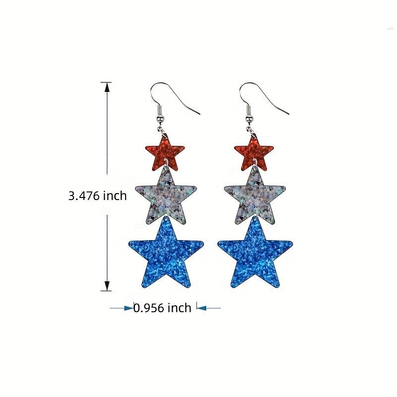 Patriotic Red White and Blue 3 stars Dangle earrings for pierced ears with measurements 3.476 inch tall by 0.956 inch wide