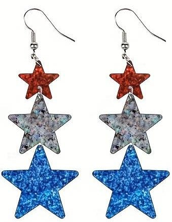 Patriotic Red White and Blue 3 stars Dangle earrings for pierced ears