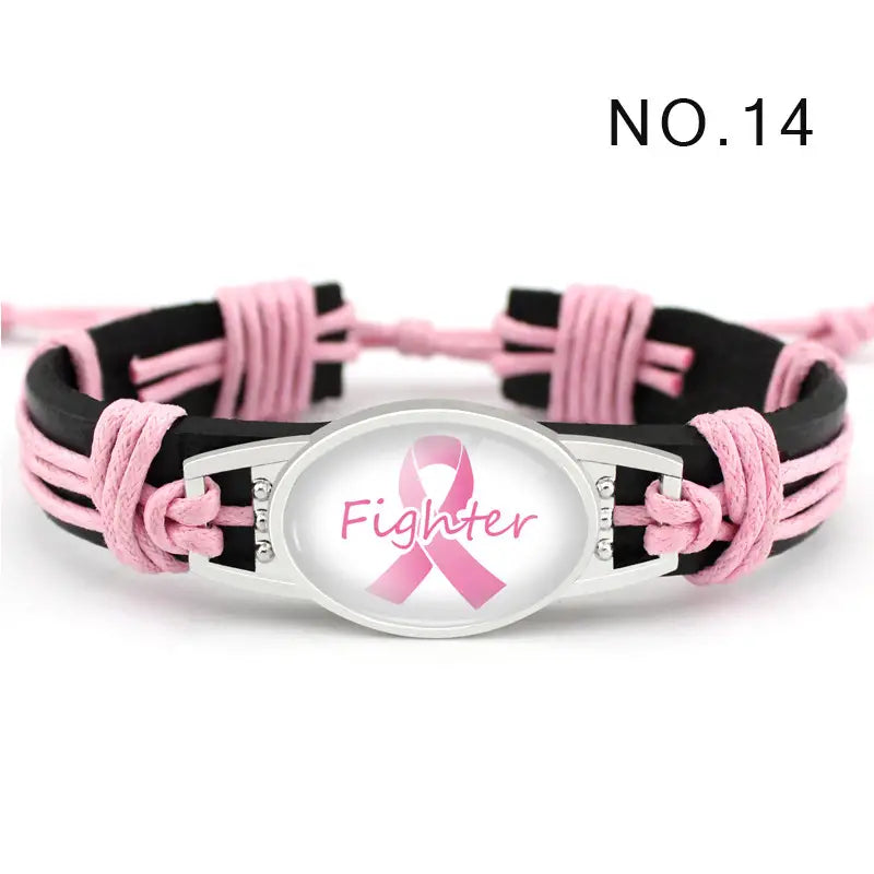 Pink Ribbon Fighter Breast Cancer Hand-woven Leather Bracelet Genuine Leather Bracelet