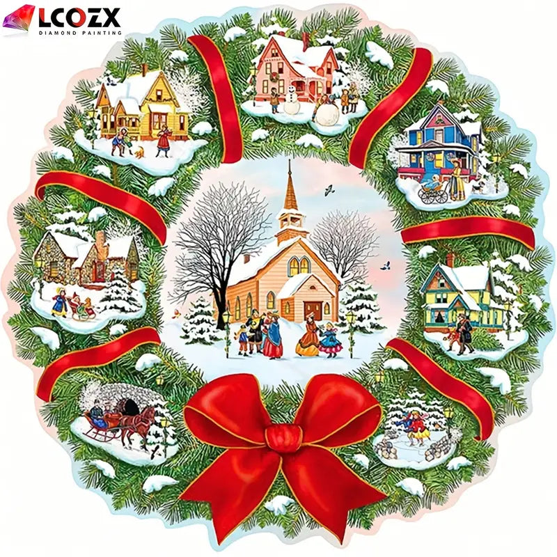 Diamond Painting - Christmas Wreath With Church - Homes - Painting Kit