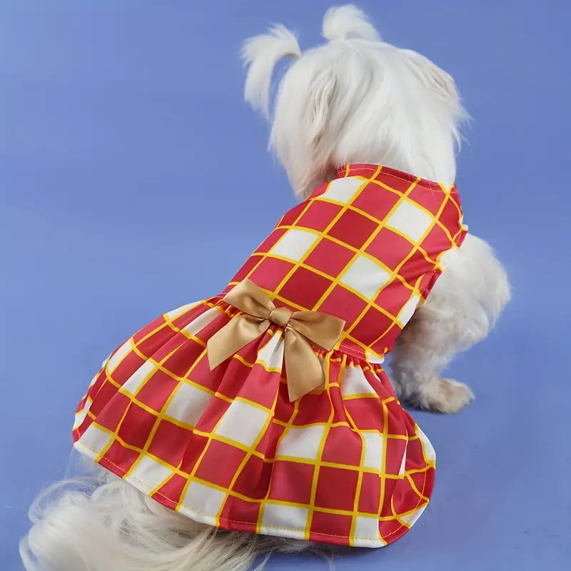 Tangerine and Gold Plaid with Gold Bow Dog Party Dress!