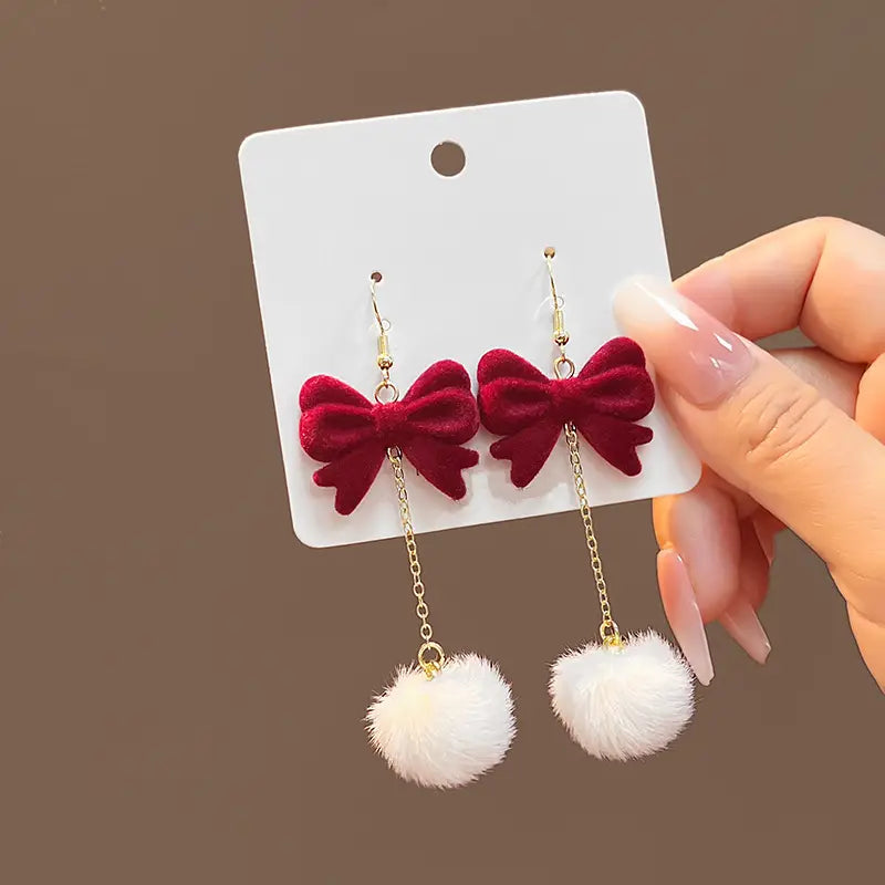 Vintage Red Bowknot Pom Pom Holiday Earrings