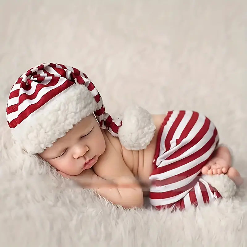 Newborn Christmas Red and White Pant and Sleep Cap