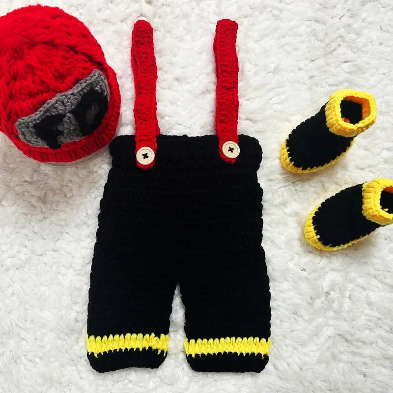 Newborn Handmade Crochet Firefighter Uniform, Hat and Boots