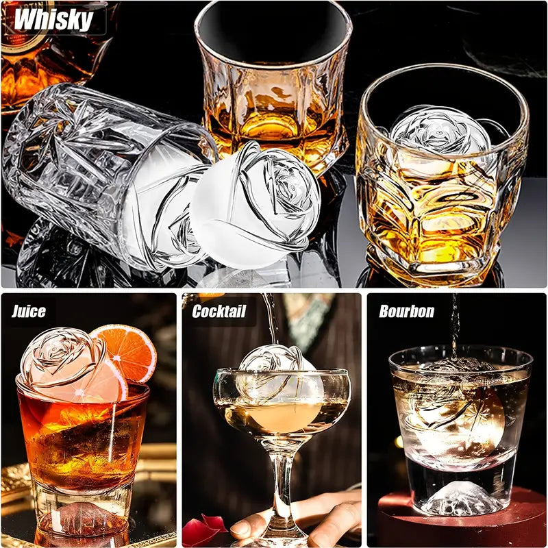 Series of images of rose shaped ice cube in different drinks. Whisky, Juice, Cocktail and Bourbon.