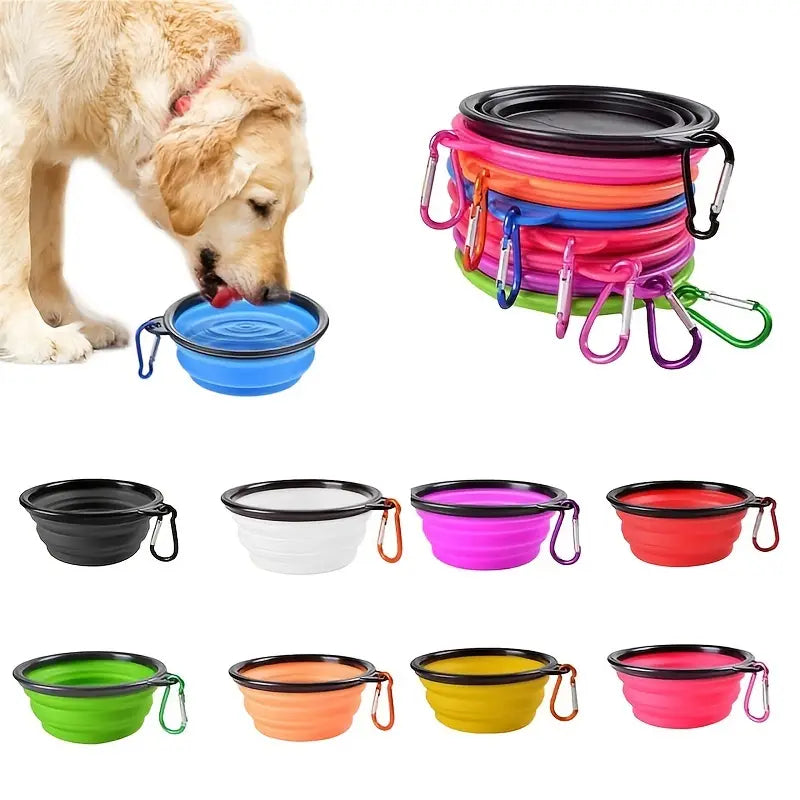 A dog drinking out of a foldable bowl with a clasp.