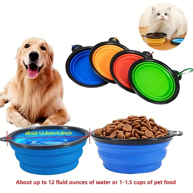 A portable bowl showing 12 fluid ounces of water and a second portable bowl showing 1 cup of pet food.  A dog and cat each have a bowl.
