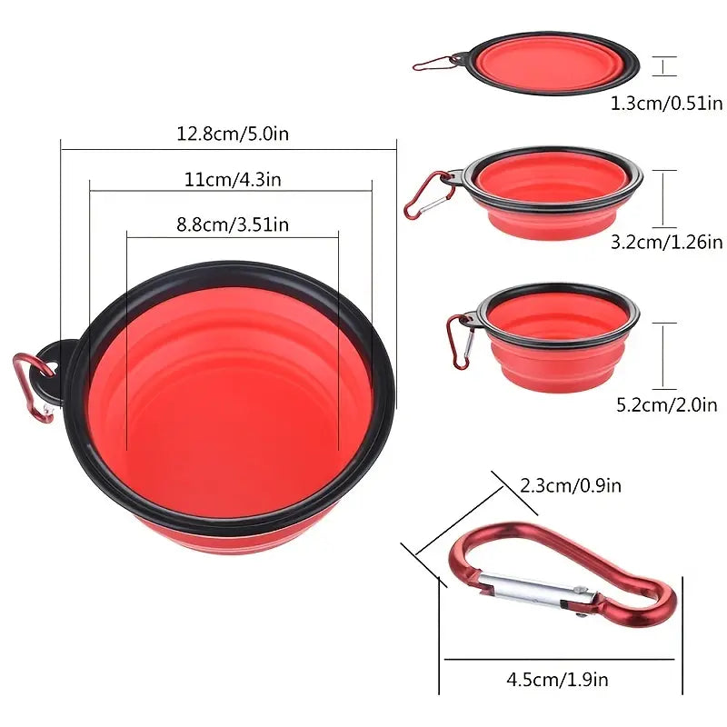 a portable red bowl with a clasp. Measurements of the bowl and clasp.  Portable bowl is 0.51 inch when flat. It is 2.0 inch when extended. The clasp is 1.9 inch long and 0.9 inches wide. 