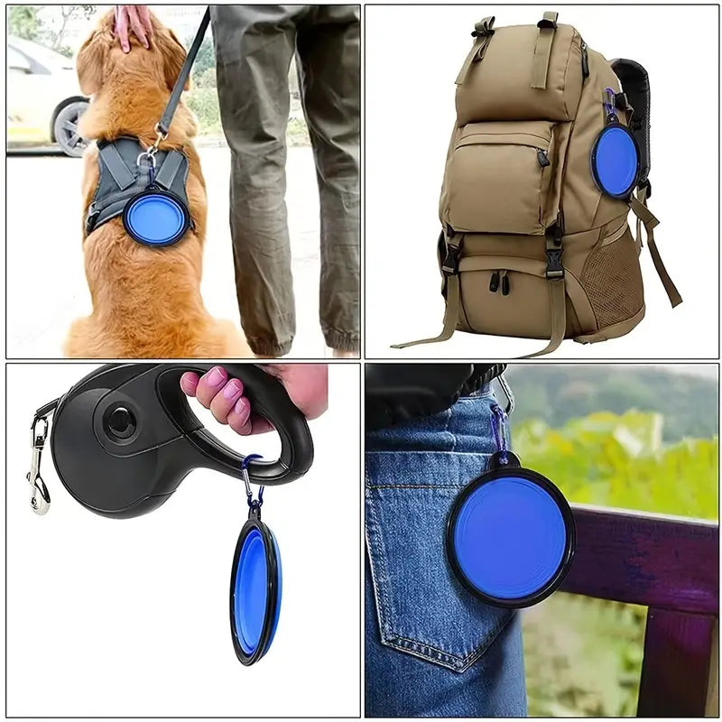 Screen divided into four squares.  Portable bowl attached to dog harness, a backpack, a leash and a belt loop.