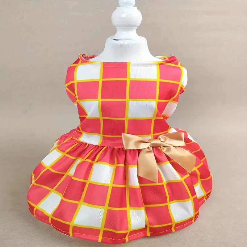 Tangerine and Gold Plaid with Gold Bow Dog Party Dress!