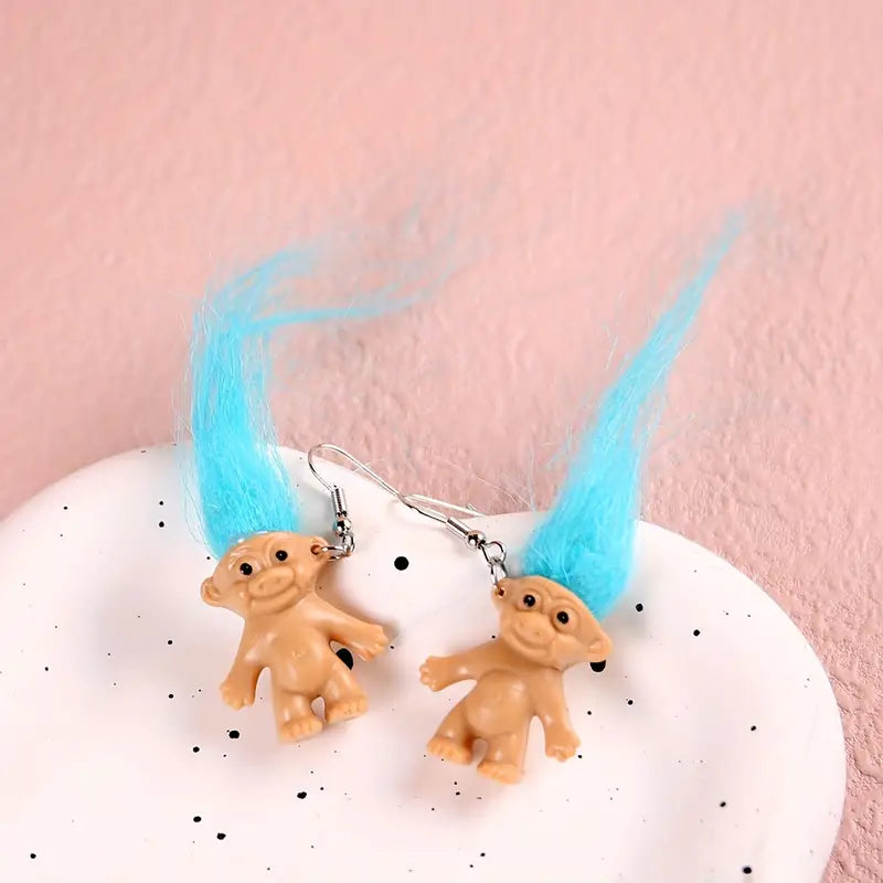 Adorable Troll Earrings with Long Bright Hair