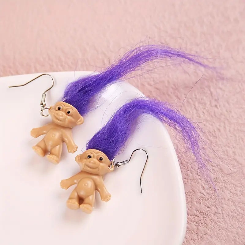 Adorable Troll Earrings with Long Bright Hair