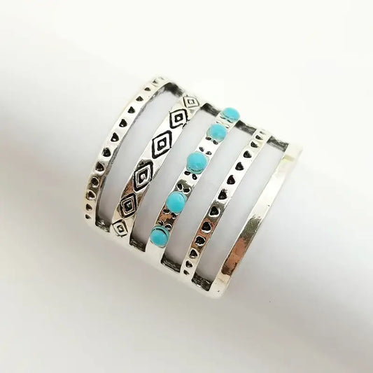 Ring Vintage Turquoise Ring Bohemian Hollowed Carved Wide Band Ring